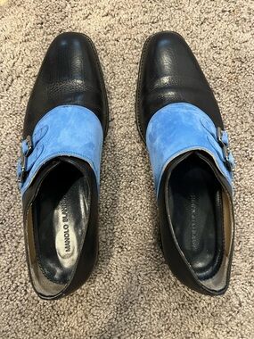 Manolo Blahnik Black Leather Monk Strap Shoes with Blue Suede Strap